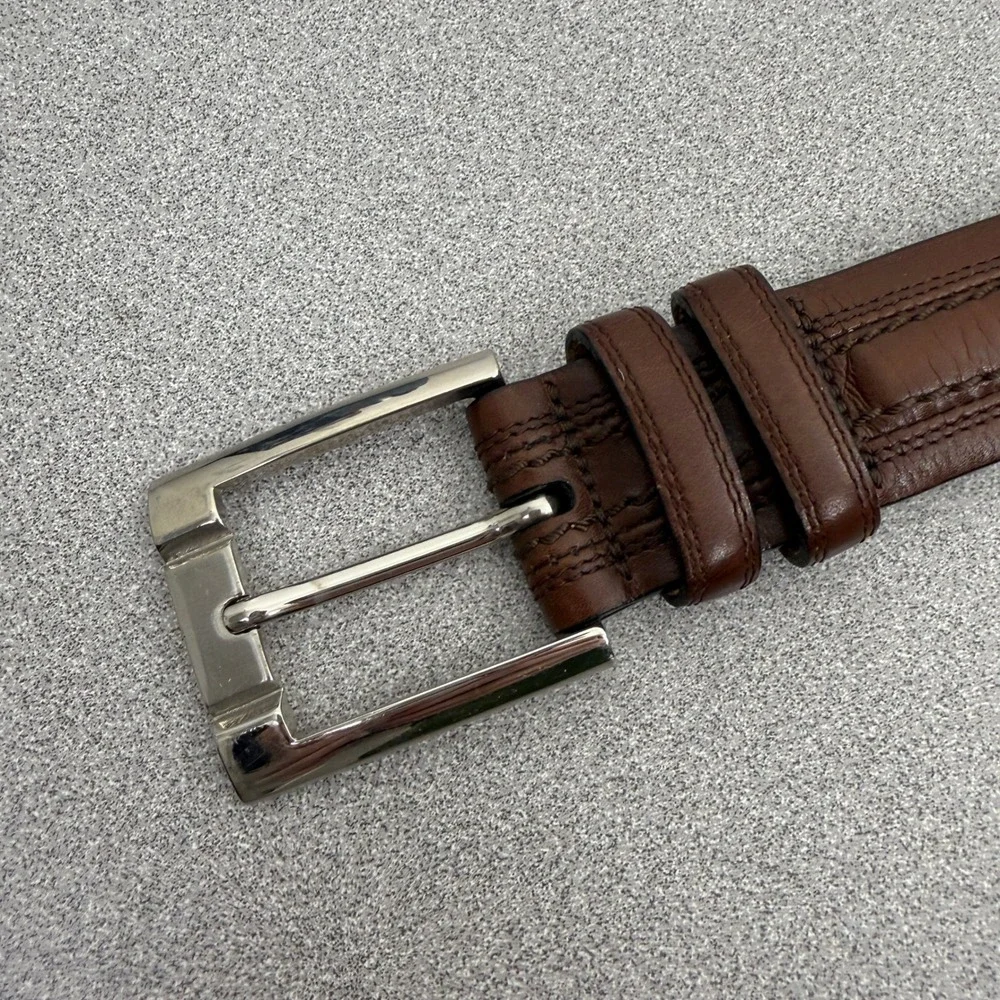 Mezlan Belt Mens Medium Brown Leather Dress Stitched Silver Buckle Made in Spain